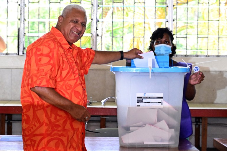 Frank Bainimarama votes the general election in Suva, Fiji. 