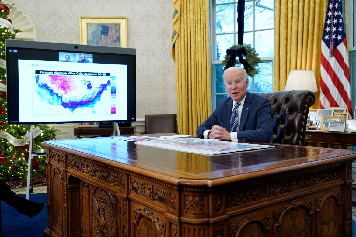 President Joe Biden speaks as he participates in a briefing on winter storms