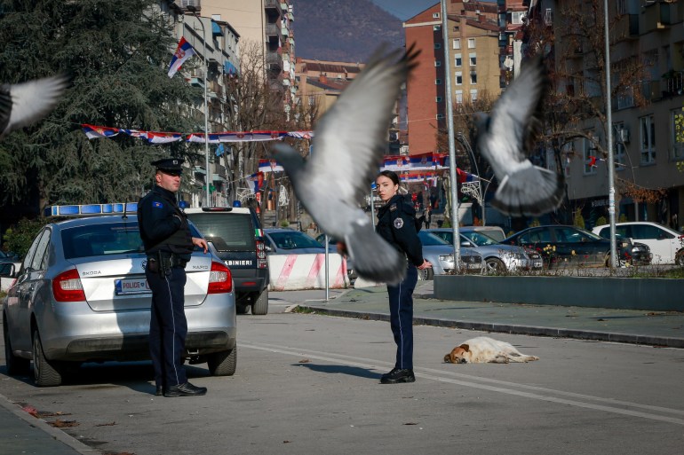 افسران پلیس کوزوو در حال گشت زنی بر روی پلی است که بخش‌های جنوب آلبانیایی را از بخش‌های شمالی صرب‌نشین شهر میتروویکا جدا می‌کند.