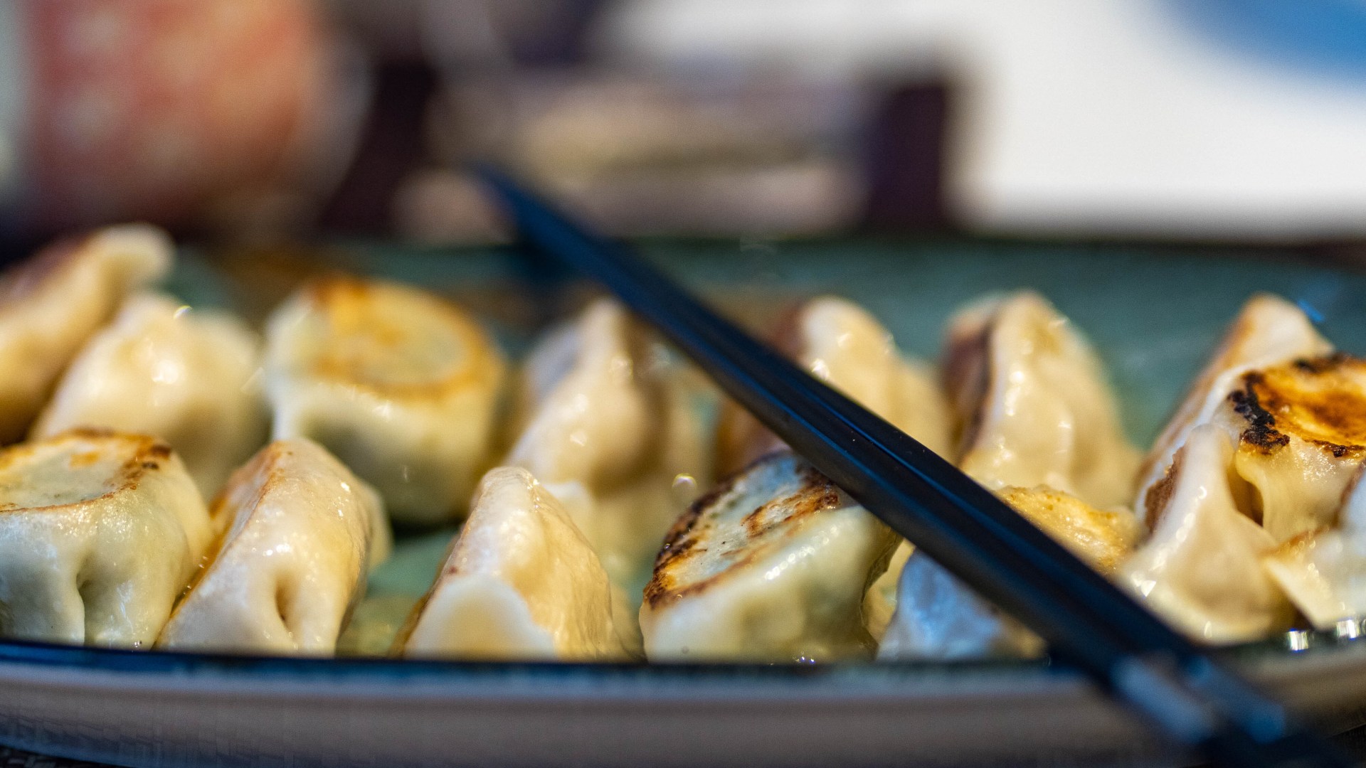 closeup of a platter of potsticker dumplings