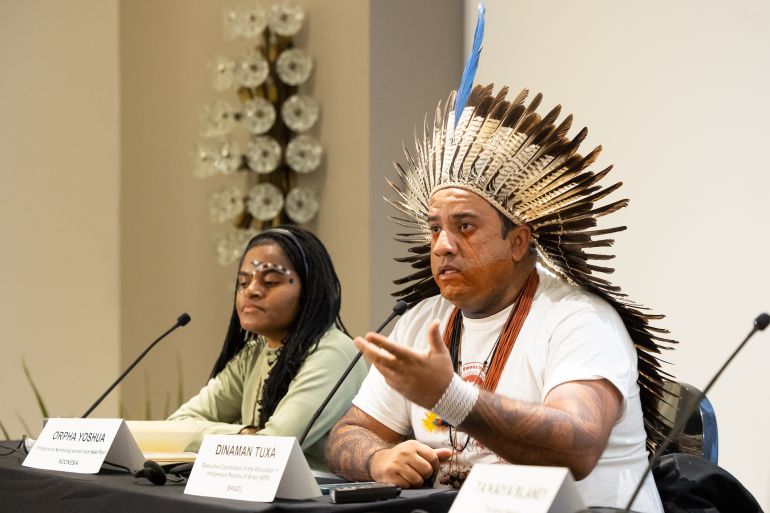 Indigenous leaders at a news conference on the sidelines of COP15 in Montreal, Canada
