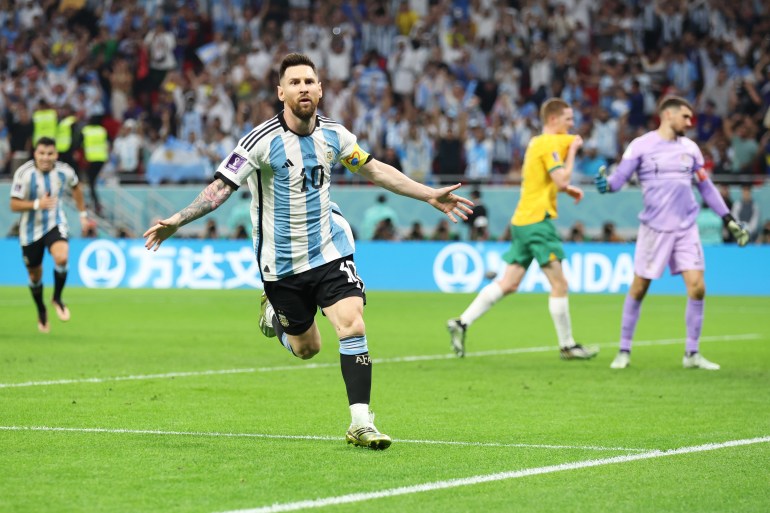 Lionel Messi celebrates after scoring against Australia.