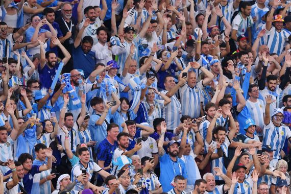Argentina fans show their support during the FIFA World Cup Qatar 2022 Round of 16 match between Argentina and Australia at Ahmad Bin Ali Stadium on December 03, 2022 in Doha, Qatar.