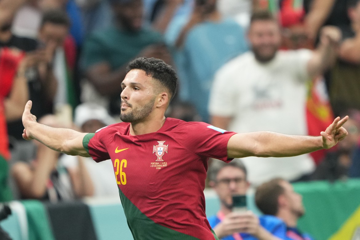 Portugal's Goncalo Ramos celebrates after scoring the World Cup tournament's first hat-trick.