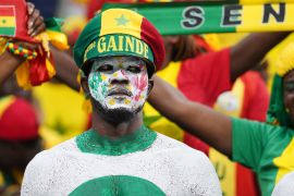 A heavily-painted Senegal fan in the stands prior to the match.