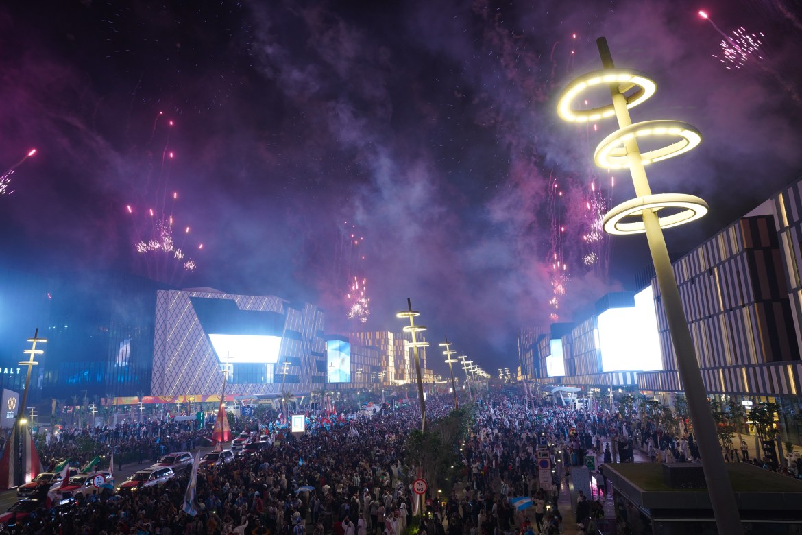 Fireworks light up the sky as part of celebrations following the World Cup final in Lusail, Qatar.