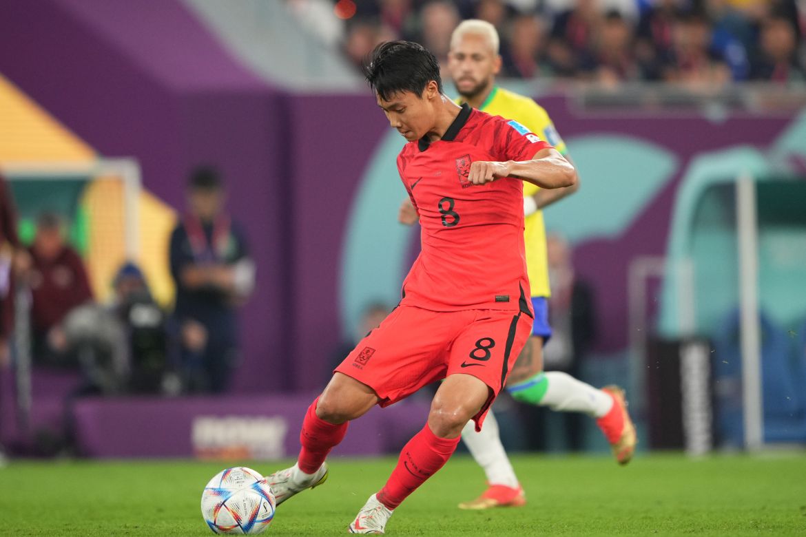South Korea's Paik Seung-ho kicks at the ball to score from just outside Brazil's box in the 77th minute of the game.