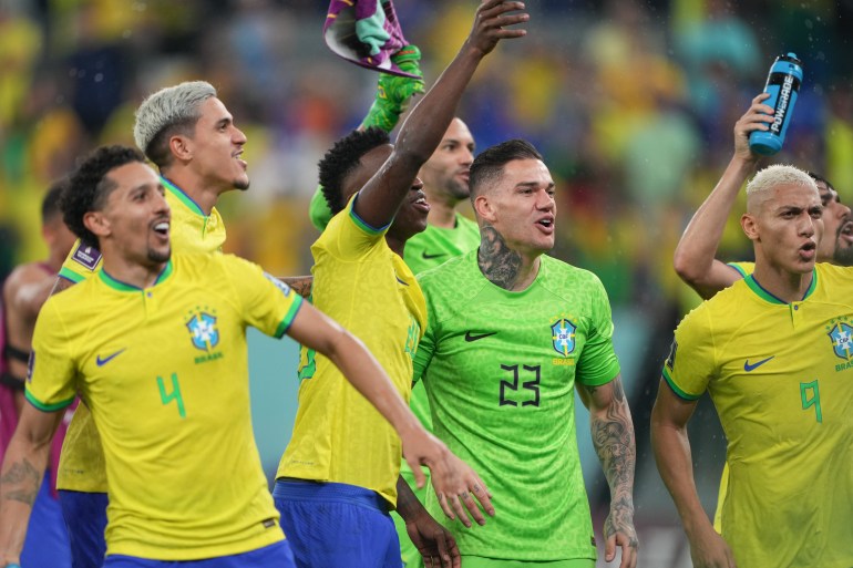 Brazil players celebrating their 4-1 victory | Brazil v South Korea, FIFA World Cup 2022, December 5, Stadium 974 [Sorin Furcoi/Al Jazeera]