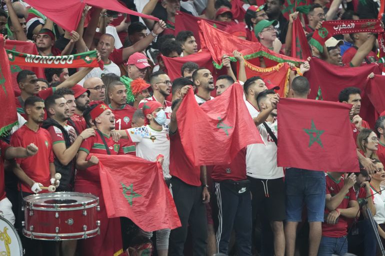 Moroccan fans during the Qatar 2022 World Cup at the Morocco vs France semifinal in Al Bayt Stadium, Qatar.