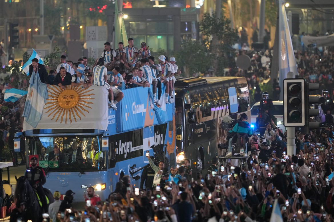 Team Argentina in the victory parade on Lusail Boulevard.