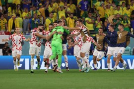 Croatia&#39;s players celebrate their win after beating Brazil in a penalty shootout at the Education City Stadium [Showkat Shafi/Al Jazeera]