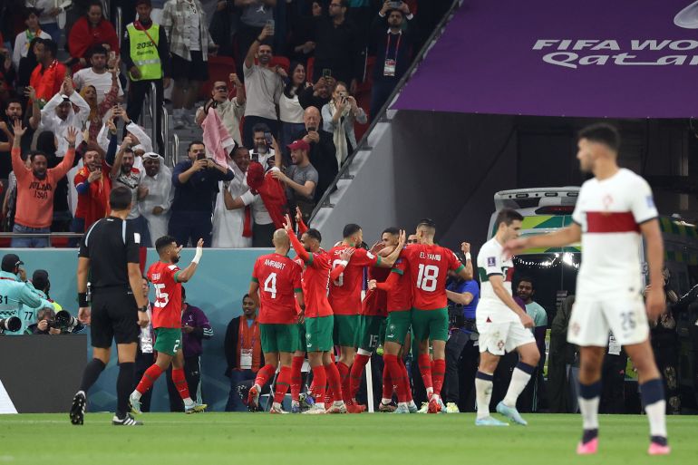 Morocco celebrate their opening goal