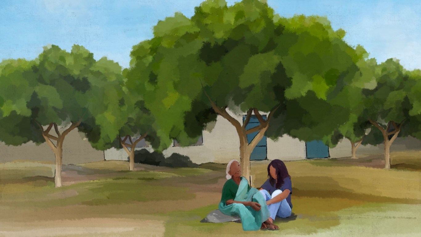 An illustration of two people sitting in the grass a park, knee to knee.
