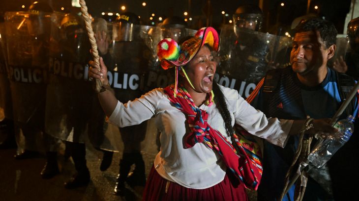 An indigenous woman shouts slogans during a protest demanding the resignation of Peru's President Dina Boluarte in Lima on January 23, 2023.