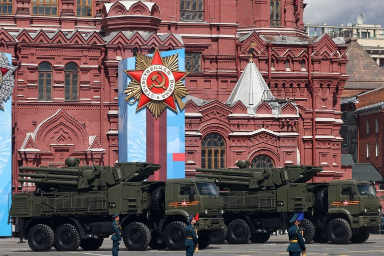 Pantsir-S surface-to-air missile and anti-aircraft artillery systems move through Red Square in Moscow on May 7, 2021, during a rehearsal for the Victory Day military parade. - Russia will celebrate the 76th anniversary of the victory over Nazi Germany during World War II on May 9. (Photo by Dimitar DILKOFF / AFP)