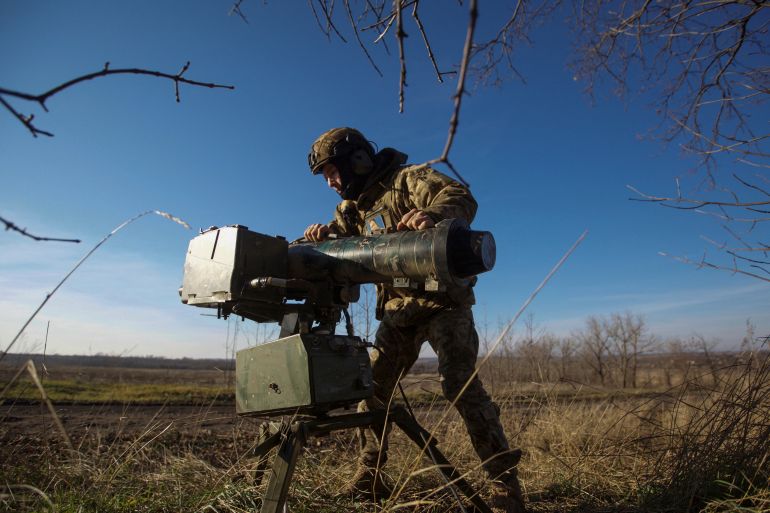 A Ukrainian serviceman sets up a Stugna-P anti-tank guided missile launcher