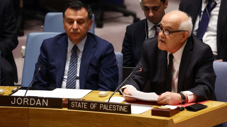 Riyad H. Mansour, Permanent Observer of Palestine to the United Nations, speaks to a meeting of the U.N. Security Council to discuss recent developments at the Al Aqsa mosque compound in Jerusalem, at U.N. headquarters in New York City, New York, U.S., January 5, 2023. REUTERS/Mike Segar