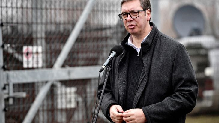 FILE PHOTO: Serbia's President Aleksandar Vucic speaks during a joint news conference with former Czech Prime Minister Andrej Babis and Hungary's President Katalin Novak, at the Hungarian-Serbian border barrier near Kelebia, Hungary, December 15, 2022. REUTERS/Marton Monus/File Photo