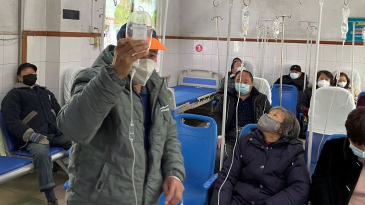 Patients receive IV drip treatment at a hospital, amid the coronavirus disease (COVID-19) outbreak, at a village in Tonglu county, Zhejiang province, China.