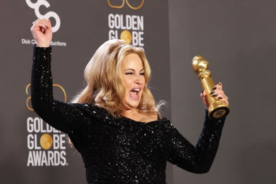 Jennifer Coolidge poses with her award for best supporting actress in a Television Limited Series or Motion Picture for "The White Lotus" at the 80th Annual Golden Globe Awards