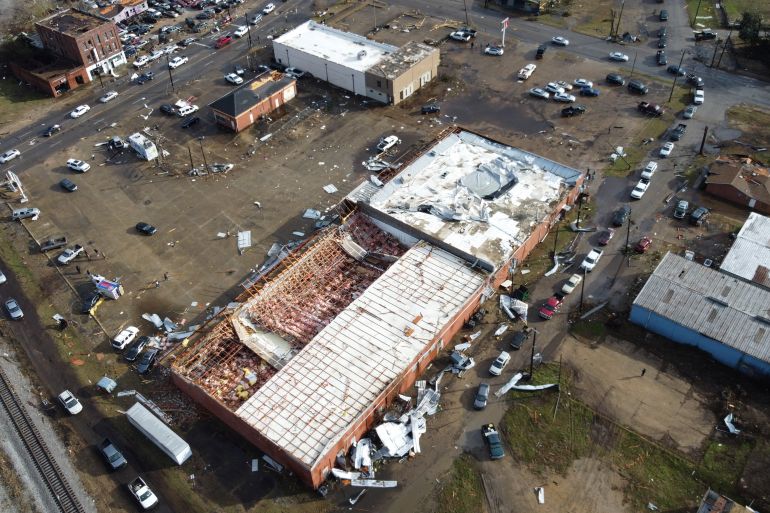 An aerial view shows damage after a tornado ripped through Selma, Alabama, US