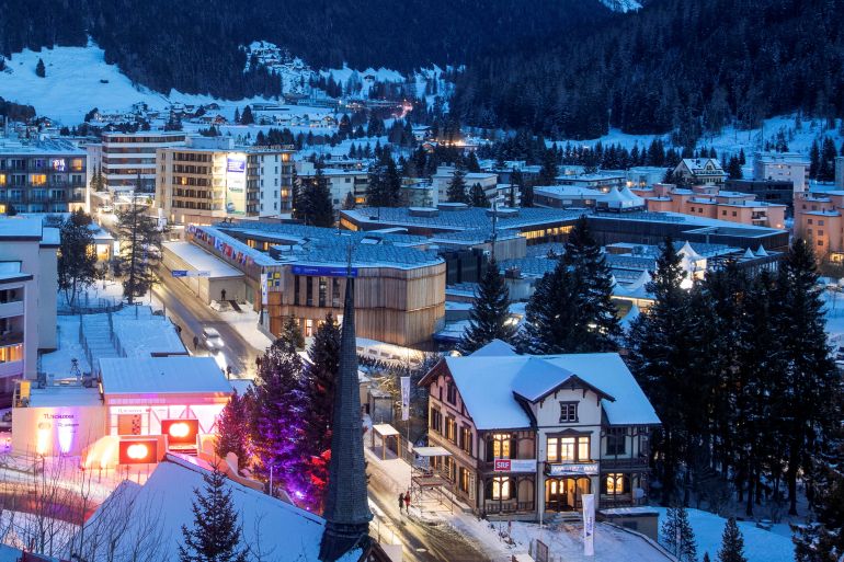 Nighttime skyline of the Davos Congress Centre, the venue of the World Economic Forum (WEF) 2023, in the Alpine resort of Davos, Switzerland.
