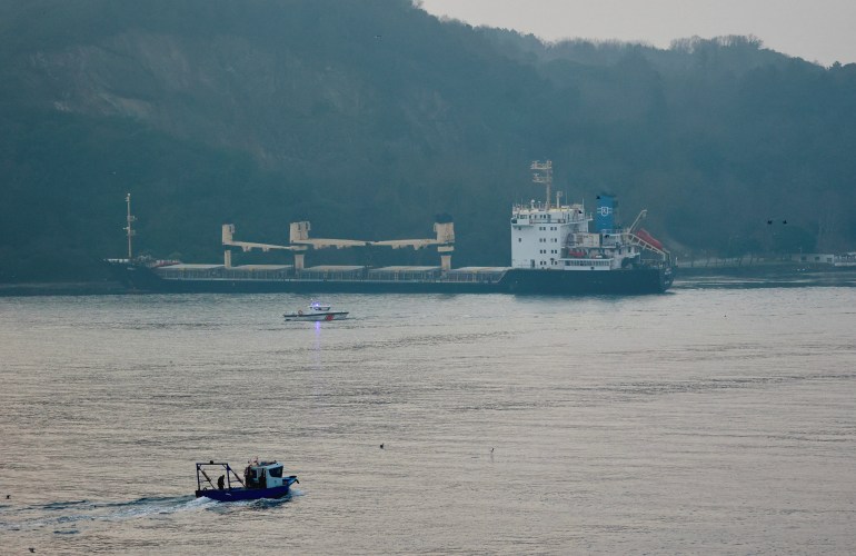 The Palau-flagged bulk carrier MKK1, carrying grain under UN’s Black Sea grain initiative, is seen drifted aground in the Bosphorus in Istanbul, Turkey January 16, 2023. REUTERS/Yoruk Isik