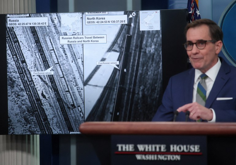 White House National Security Council Strategic Communications Coordinator John Kirby presents satellite images showing Russian railways traveling between Russia and North Korea, during a press briefing at the White House in Washington, US, January 20, 2023. REUTERS/Leah Millis