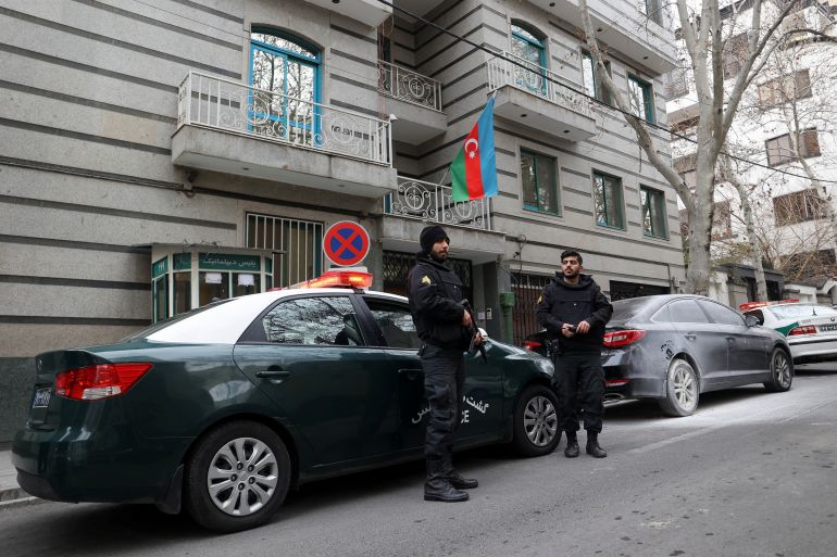 A general view outside the Embassy of the Republic of Azerbaijan after an attack on it, in Tehran