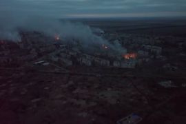 Aerial view of fires and smoke over the city, as Russia's attack on Ukraine continues, in Vuhledar, Donetsk region