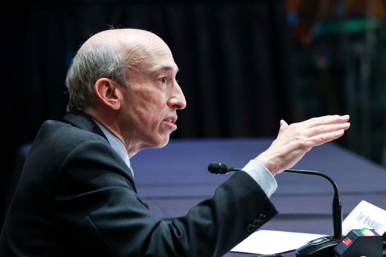 Securities and Exchange Commission, Chairman Gary Gensler speaks during a Senate Banking, Housing, and Urban Affairs Committee hearing on "Oversight of the U.S. Securities and Exchange Commission" on Tuesday, Sept. 14, 2021, in Washington. (Evelyn Hockstein/Pool via AP)
