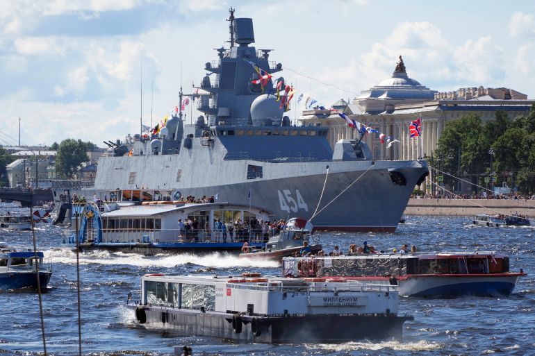 Russian frigate named "Admiral of the Fleet of the Soviet Union Gorshkov" is seen moored in the Neva River during the Navy Day celebration in St Petersburg, Russia.