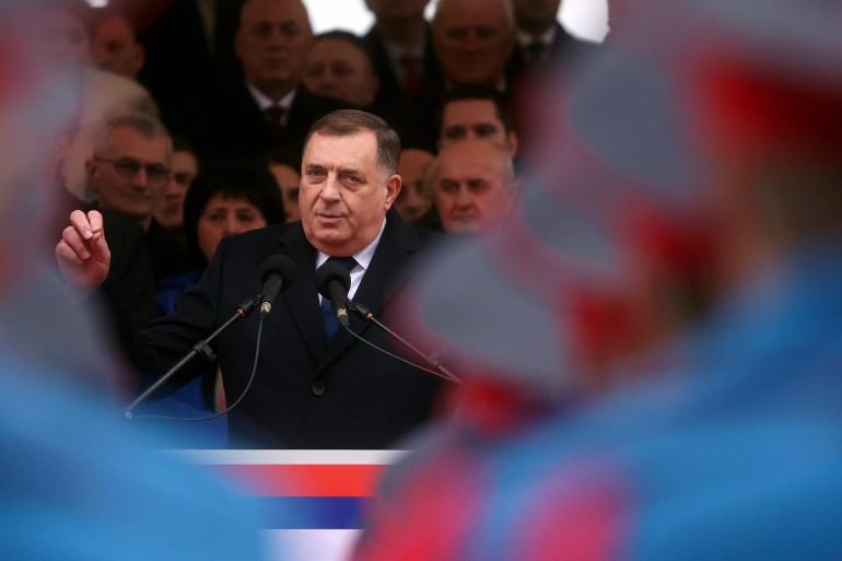 Bosnian Serb leader Milorad Dodik speaks during a parade marking the 31st anniversary of the Republic of Srpska in Istocno Sarajevo, Bosnia, Monday, Jan. 9, 2023. Thousands of flag-waving people gathered on the outskirts of Sarajevo to celebrate an outlawed holiday associated with the country's brutal inter-ethnic war in the 1990s and attend a military-style parade organized for the occasion and used by Bosnian Serb separatist leader, Milorad Dodik, to showcase his allegiance to Russia. (AP Photo/Armin Durgut)