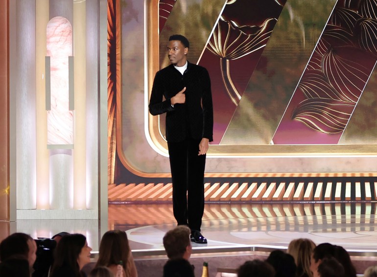 Jerrod Carmichael on stage during his monologue at the 80th Annual Golden Globe Awards.