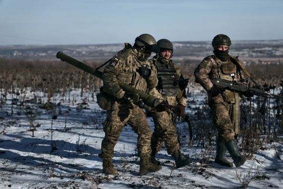 Ukrainian soldiers on their positions in the frontline near Soledar, Donetsk region,