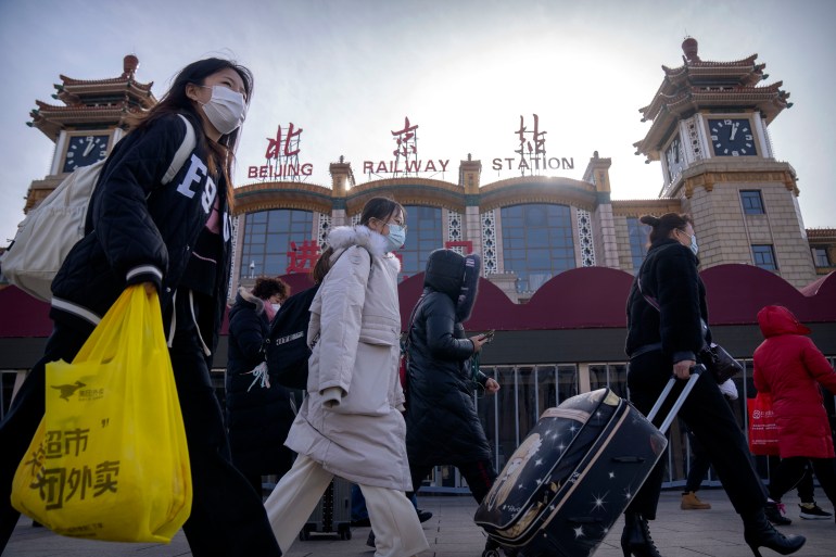 Travellers in face masks and winter clothes outside the entrance to the Beijing railway station. They are pulling suitcases.