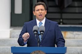 Florida Governor Ron DeSantis speaks outside the Old Capitol building in Tallahassee after his inauguration to a second term this January [File: Lynne Sladky/AP Photo]