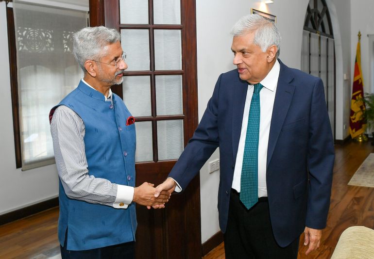 Indian Foreign Minister S Jaishankar shakes hands with Sri Lankan President Ranil Wickremesinghe.