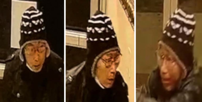 CCTV'den Monterey Park'taki silahlı saldırıda şüpheliyi gösteren bir polis fotoğrafı.  Siyah bir ceket ve beyaz desenli siyah yünlü bir şapka giyiyor.  O da gözlük takıyor.