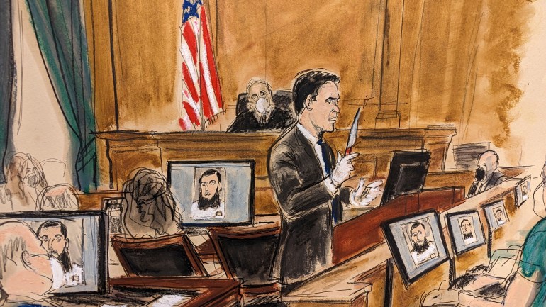 A courtroom sketch of a prosecutor holding up a knife