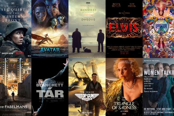 En esta combinación de fotografías el arte promocional de las nominadas al Oscar a mejor película, fila superior de izquierda a derecha, "“Im Westen nichts Neues”, "Avatar: The Way of Water", "The Banshees of Inisherin", "Elvis", "Everything Everywhere All at Once", fila inferior de izquierda a derecha, "The Fabelmans", "Tár", "Top Gun: Maverick", "Triangle of Sadness" y "Women Talking". (Netflix/Disney/Searchlight/Warner Bros./A24/Universal/Focus/Paramount/Neon/Orion-United Artists via AP)