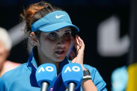 Mirza addresses the audience following her mixed doubles final loss at the Australian Open tennis championship in Melbourne, Australia [Aaron Favila/AP Photo]