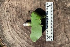 An exploded PFM-1S antipersonnel mine, also called a &#39;butterfly&#39; or &#39;petal&#39; mine, found by HRW in the Izyum area in September 2022 [Courtesy of Human Rights Watch]