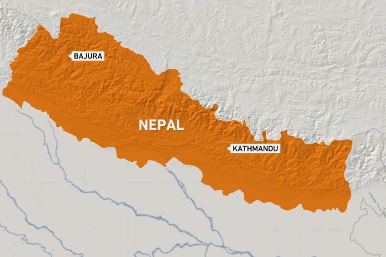 Map of Nepal with Bajura district and capital Kathmandu highlighted