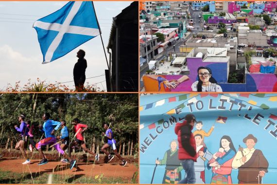 A Scottish Saltire on the Isle of Lewis, September 11, 2014. Murals in Mexico City, Mexico October 20, 2022. Athletes exercise in western Kenya, March 21, 2016. A man walks in front of a mural in Toronto, Canada.