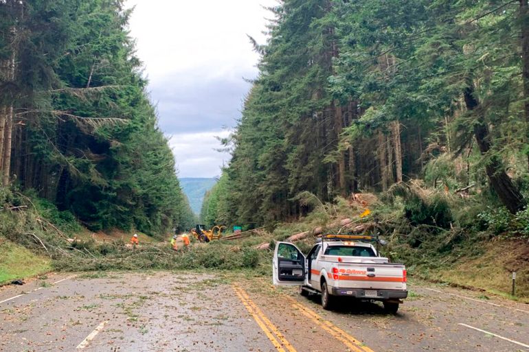 Fallen trees blocks a road in California. A pickup truck with one door open is standing on the side of the road as workers in front are trying to clear the trees. There is a dense forest on either side of the road