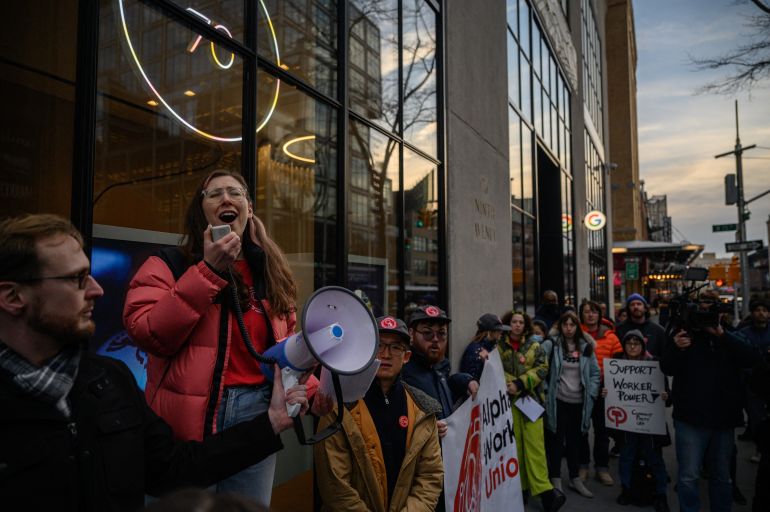 Members of the Alphabet Workers Union (CWA) hold a rally outside the Google office in response to recent layoffs, in New York on February 2, 2023. - Google's parent company Alphabet announced in January it will cut about 12,000 jobs globally, citing a changing economic reality. (Photo by Ed JONES / AFP)