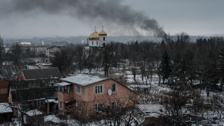 Black smoke rises after shelling in Bakhmut on February 3, 2023, amid the Russian invasion of Ukraine. (Photo by YASUYOSHI CHIBA / AFP)
