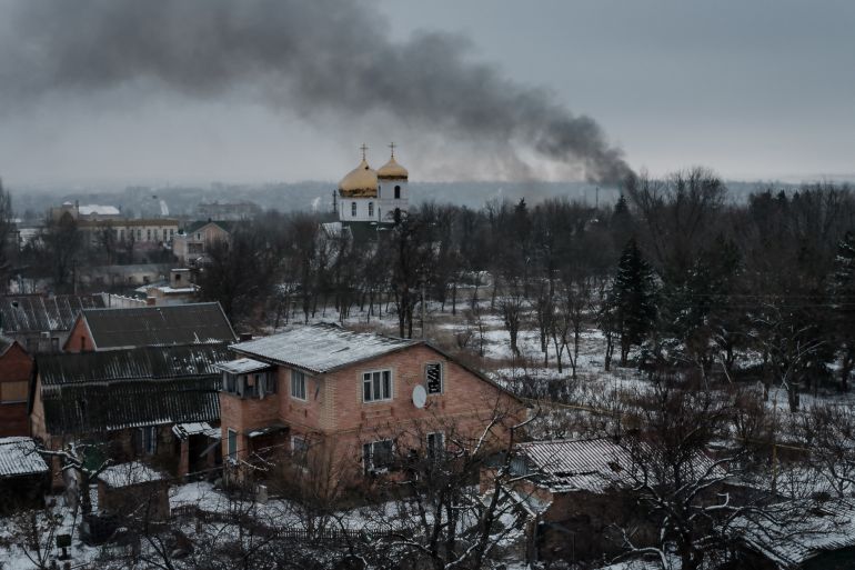 Black smoke rises after shelling in Bakhmut on February 3, 2023, amid the Russian invasion of Ukraine. (Photo by YASUYOSHI CHIBA / AFP)