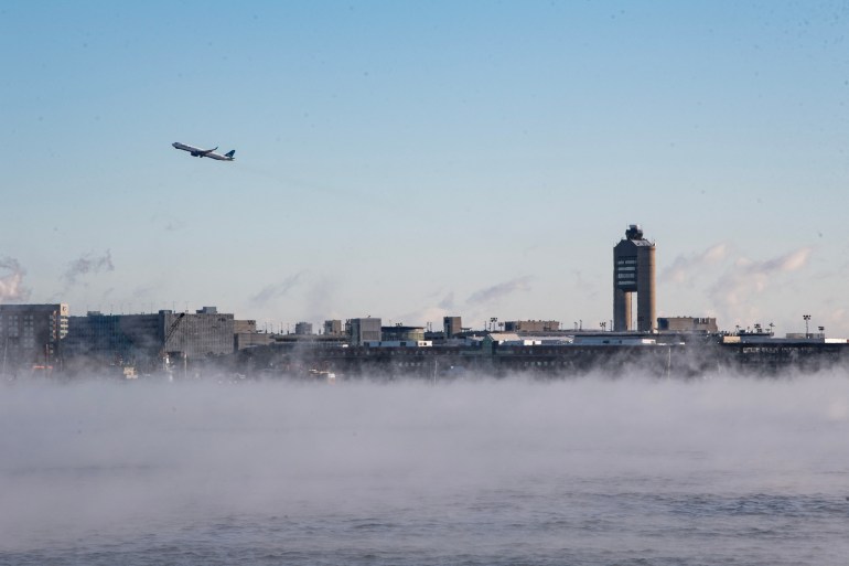 Steam rises from Boston Harbor as temperatures hit -7F (-14C) in Boston, Massachusetts on February 4, 2023.
